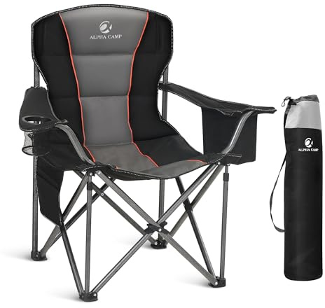 ALPHA CAMP Camping Chairs for Adults Camping Chairs for Heavy People Up to 200 kg Folding Camping Chair with Cup Holder & Cooler Bag & Side Pocket, Padded and Foldable, Black