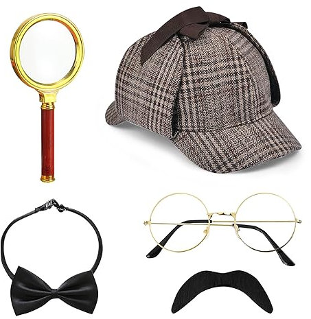5 Stück Detektiv Kostüm Zubehör Set, Sherlock Holmes Kostüm Accessoires mit Detektiv Hut Brille Falscher Schnurrbart Lupe Fliege Detektiv Cosplay Requisiten für Fasching Karneval Cosplay Party