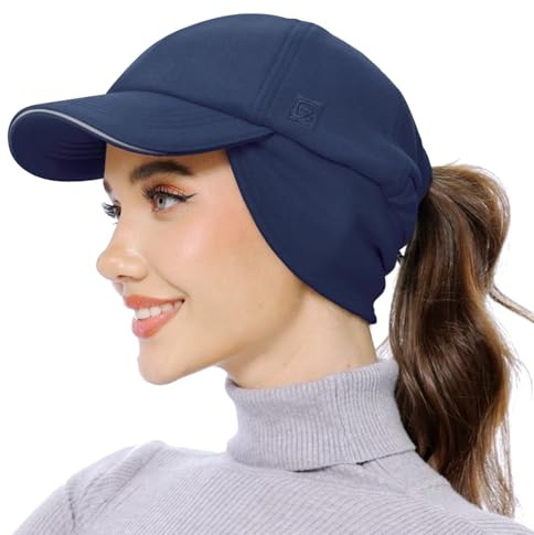 GADIEMKENSD Women's Fleece Ponytail Hat Reflective Winter Hat with Adjustable Headband and FILP Down Ear Warmer