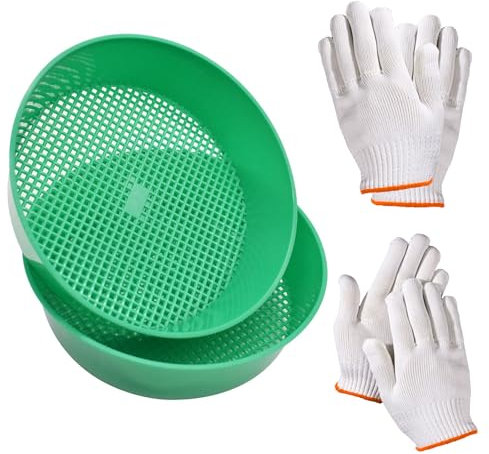 Yiyifor 2 Piezas Tamiz Jardin, Plástico Tamizador Tierra Tener 2 Pares de Guantes,Jardín Suelo Plántula Red Tamiz,Herramienta de Jardinería, Jardín,Piedra,Arena,Tierra,Malla,Semillas