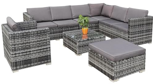 Calma Lux® Gartenmöbel Lounge Set 1-7 Personen viele Modelle inkl. Kissen Hocker Tisch mit Glas Outdoor Loungemöbel Sitzgruppe Garnitur klassisch Dunkelgrau (E:7 Pers)