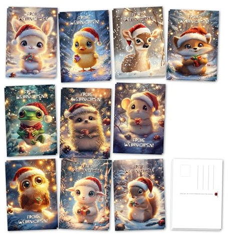 Berninja Weihnachtskarten Set – 20 Postkarten, 10 Designs, Vorderseite mit Hochglanz-Lack, Format A6