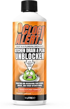 Clog Alert! - Kitchen Drain and Plug Unblocker, Effectively Removes Blockages, Liquid Cleaner for Blocked Drain Pipes in Sinks or Shower Traps - 1 Litre