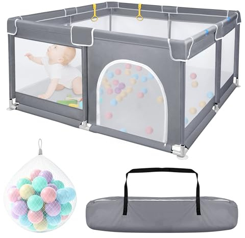 Froadp Parque infantil plegable y parque infantil, valla para bebés, valla de barrera con red transpirable y 50 bolas, piscina de pelotas para niños y bebés, gris oscuro, 127 x 127 x 68 cm
