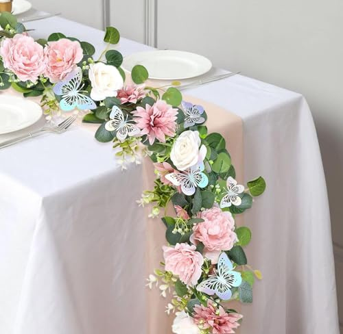 Eucalyptus Flower Garland with Butterflies, 2PCS, 5.9Ft Length Each, Fake Rose Garland, Pink Flower Vines, Faux Floral Greenery for Wedding Table Backdrop Arch Party Centerpiece Decor(Dusty Pink)