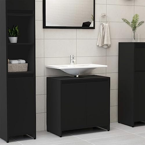 Modern Under Sink Bathroom Cabinet, 2 Doors Free Standing Sink Storage Unit for Washbasins without Pedestal 60x33x61 cm, Grey+Rustic