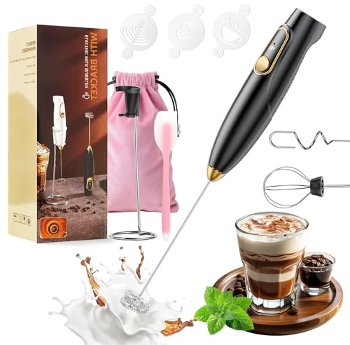 Rechargeable Milk Frother Wand with Stand, Electric Handheld Coffee Frother with 3 Detachable Whisks, Travel Milk Foamer for Protein Powder, Drinks, Espumador de Leche Electrico