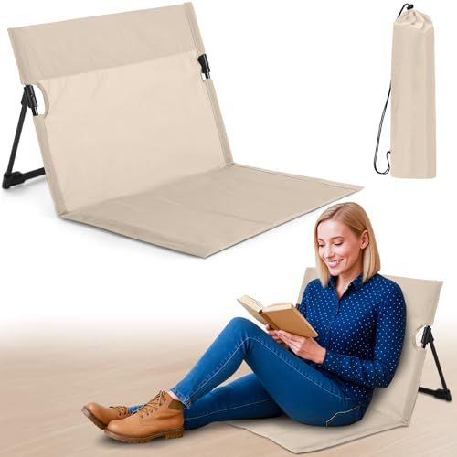 Jetec Foldable Floor Backrest Chair Portable Metal Frame Camping Chair with Storage Bag Light Weight Lazy Seat for Indoor Outdoor Bed Ground Park Lawn Beach Hiking,Beige,Widened