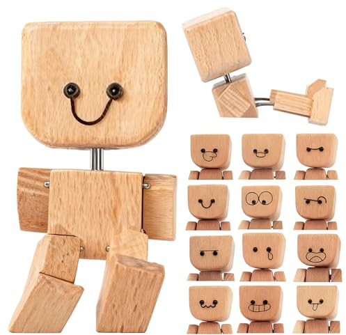 WiDream Shaking Wooden Man Figur, Handgefertigte Wackelnde Holzfüße-Puppe, Wackelnde Holzfigur Mit 12 Magnetischen Gesichtsausdrücke, Handgefertigtes Holz-Wackel-Auto-Ornament, Kreative Geschenke