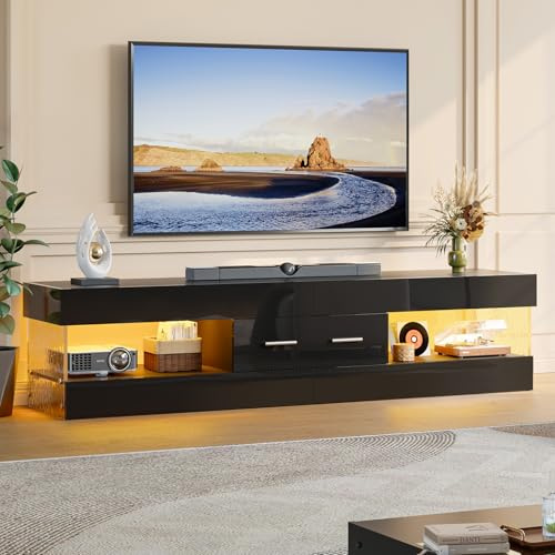 Bestier Mueble de TV para televisores de hasta 75 Pulgadas,Soporte de TV Moderno de Alto Brillo,Centro de Entretenimiento con LED y cajón Grande,Consola de TV para Sala de Estar y Dormitorio(Negro)