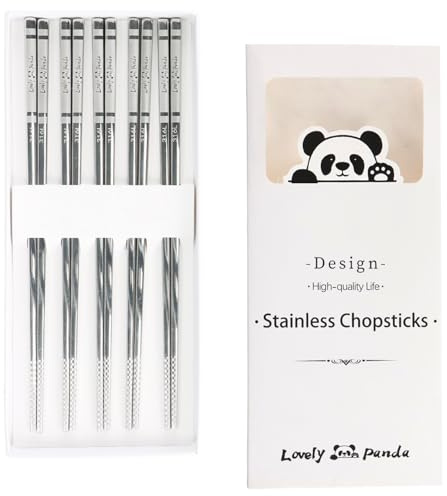 5 Paia Bacchette in Acciaio Inossidabile, Lavabili in Lavastoviglie, Antiscivolo Giapponesi Cinesi Coreane Bacchette, Set Regalo Elegante per Cucina e Ristorante