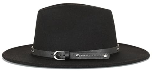 HEYANN Sombrero Fedora clásico para mujer y hombre, con ala ancha, con hebilla de cinturón, de fieltro, sombrero trilby panamá, sombrero de jazz para mujer y hombre, Cinturón negro, M