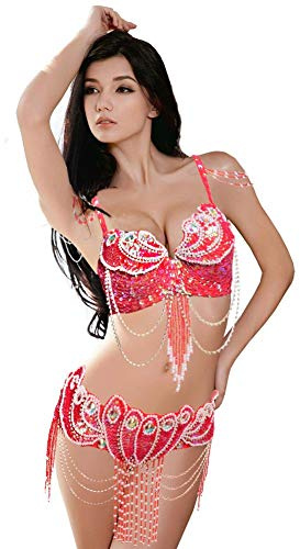 ROYAL SMEELA Danza del Vientre Disfraz Set Profesional para Mujer Carnaval Bellydance Sujetador y cinturón (Rojo, Small)