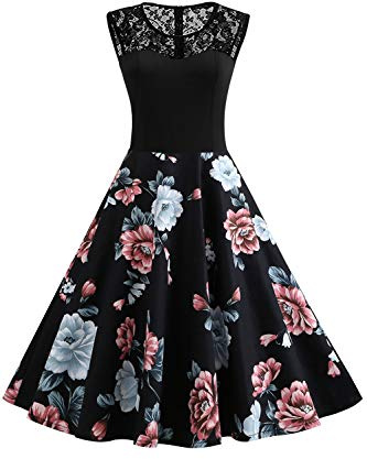 AXOE Robe Vintage Femme Fleurie Années 50 avec Dentelle | Haut Extensible Ajusté et Jupe en Coton, Léger, Sans Manches, Coupe Au Genou pour Cocktail, Mariage, Cérémonie, Réception