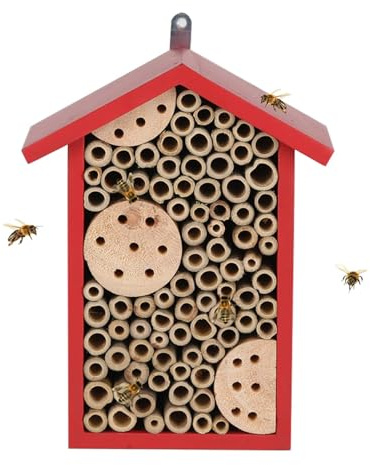 Topadorn Insect Habitat Wall Mounted Bee House Natural Bamboo Tube Bee Hotel with Metal Hanging for Outdoor Garden Yard Bee House Attracts Many Types of Bees,Red