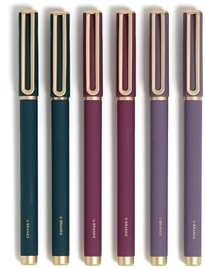 U Brands Catalina Felt Tip Pens, Set of 6 Black Ink Pens, Soft Touch Jewel Tones, Gold Details, Medium (0.7 mm) Point