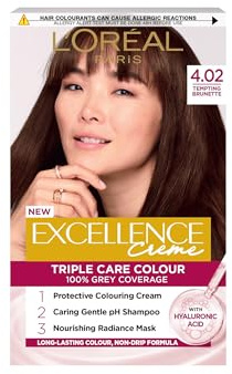 L'Oréal Paris Excellence Crème Permanent Hair Dye, Radiant At-Home Hair Colour with up to 100% Grey Coverage, Pro-Keratin, Up to 8 Weeks of Colour, Colour: 4.02 Tempting Brunette