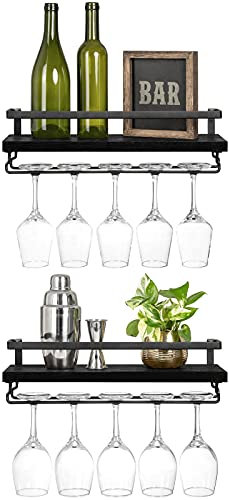 Mkono Wall Mounted Wine Rack Set of 2 Wood Shelf Rustic Bottle Glass Floating Shelves Stemware Hanger Modern Plants Photos Display Storage Holder Kitchen Dining Room Bar, Black, 16.92x5.9x0.7 inches