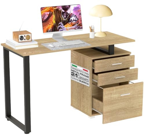 BAKAJI Escritorio con cajonera, 3 cajones, Mesa de Trabajo, Porta Ordenador, de Madera con Estructura de Acero, diseño Moderno, 120 x 50 x 75 cm, decoración para casa, Oficina, (Roble Claro)