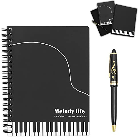 Music Piano Melody Theme Stationery Gift Box Set,Piano Musical Wirebound Journal Writing Notebook with Treble Clef Design Roller Ball Pen for Office School Student Teacher Gift (Black Piano Style)