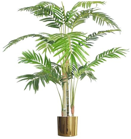 Leaf Palma Areca artificiale realistica da 120 cm con vaso con fioriera in metallo dorato