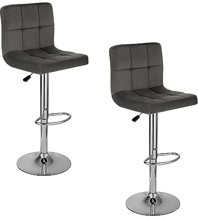 Baroni Home gepolsterter Barhocker oder Küchenhocker, verstellbar und drehbar um 360°, mit Rückenlehne und Fußstütze, Gestell aus verchromtem Stahl, Grau Samt, 2 Stück