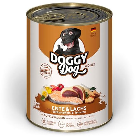 DOGGY Dog Paté Ente & Lachs, 6 x 800 g, Nassfutter für Hunde, getreidefreies Hundefutter mit Lachsöl und Grünlippmuschel, Alleinfuttermittel mit Süßkartoffel und Tomate, Made in Germany
