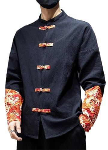 Chinesische Baumwollwäsche Langarm Tang Anzug Herrenhemd traditionelle Kung Fu Tai Chi Hemdjacke Party Kleidung orange-L