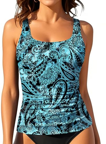 Aqua Eve Tankini Tops for Women Swimwear Top Only Tummy Control Bathing Suit Top No Bottom (Available in Plus) Blue Paisley L