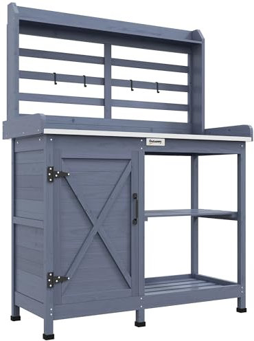 Outsunny Pflanztisch aus Holz, Gärtnertisch mit Schrank, Blumentisch mit Arbeitsplatte, Holzpflanztisch mit 2 Ablagen, 4 Haken für Garten, Grau, 112 x 47 x 146cm