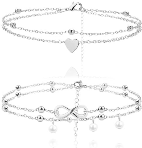 EAVUYIS 2 Stück Fußkette Silber Damen,designs Fußkettchen Herz für Damen,Vintage Layered Fußkettchen,Verstellbar Strand Fuß Schmuck für Frauen und Mädchen