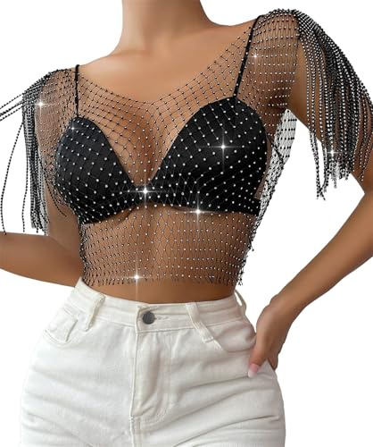 FEOYA paljetter nättopp kristall crop top glänsande fisknät cover up transparent glitter topp för nattklubb fest festival, svart, L