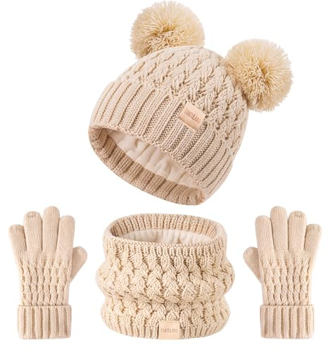 Chapeau d'hiver pour enfants Echarpe Gants Chaud en tricot doublé de laine polaire Chapeau PomPom pour les enfants de 3 à 9 ans, parfait pour les garçons et les filles