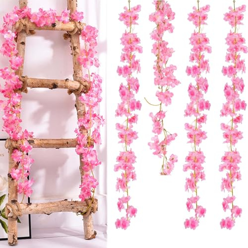 Guirlande Fleurs Artificielles TREABEAR, 4pcs 180cm Fleurs Artificielles Deco Sakura,Plantes Artificielles Interieur Sakura Rose Foncé, Guirlande Fleur Artificielle Deco, Plante Artificielle Interieur