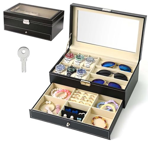 FZYCOM Portaorologi con 6 Scomparti, Porta Orologi Uomo, Porta Gioielli, Organizer per Occhiali da Sole, Portagioie Uomo con Coperchio in Vetro Trasparente, Doppio Strato con Chiusura a Chiave