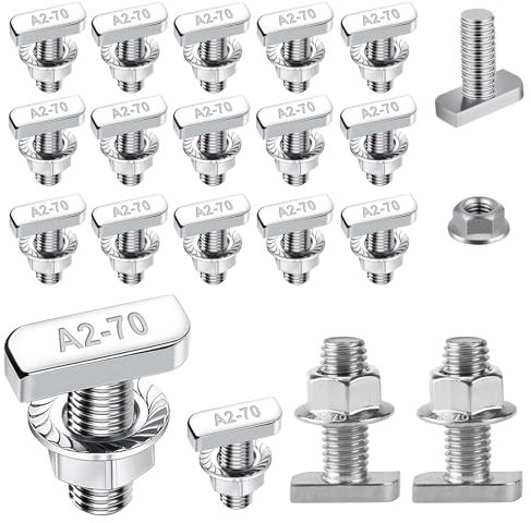 Hammer Head Screws M8 x 20 mm, Pack of 20 Stainless Steel T Hammer Head Screws with Flange Nuts M8, T Screws Locking Tooth Nuts for PV Solar Mounting Rails Photovoltaic Greenhouse Screws (8 mm)