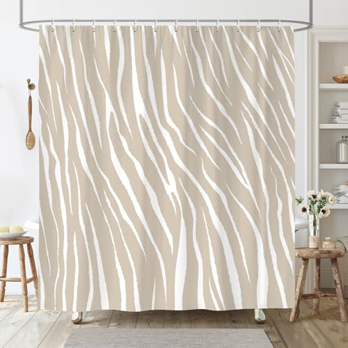 Dazzlewall Cortina de Ducha Rayas Caqui, Estampado Geométrico Abstracto Impermeable 180x180cm, Antimoho Tela con 12 Ganchos