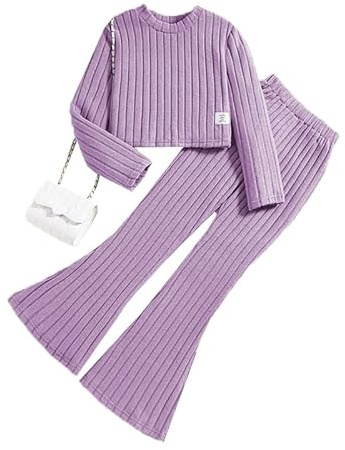 JiAmy Girl's Clothing Set Girls Flare Legging Set Fall Winter Outfits Ribbed Long Sleeve Crop Top Shirt Purple 8-9 Y