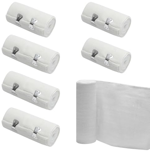 KQDRAVINE 6 Pezzi Bende Elastiche per Bendaggi con Clip, 2 Misure (7,5 Cm/10 Cm x 4,5 M) Riutilizzabili Benda Elastica per Fasciatura, Traspiranti Bende per Polso Caviglia Ginocchio