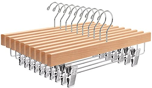 Amber Home 35.5cm Natural Wooden Trousers Hangers 10pcs, Smooth Wood Skirt Hanger Organizer with Adjustable Anti-Slip Clips, Space Saving Solid Clothes Hangers Rack for Bottoms Jeans Slacks Pants
