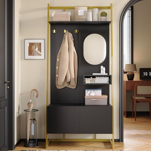 Merax Garderobe Set, Flur Garderoben Kompaktgarderobe, Garderobenständer mit Spiegel, Schuhschrank, Offene Ablagefächer & Haken, Schwarz, 78x38,5x180,5 cm