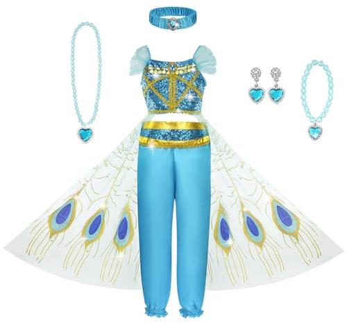 AOOWU Jasmine Princess kostym för flickor, 7 st set med Jasmine flickklänning
