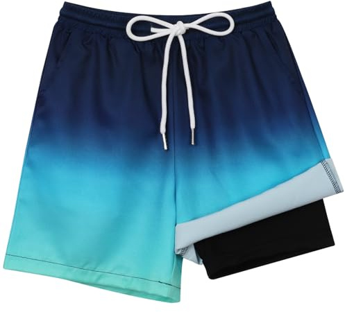 Hotfiary Boys Swimming Shorts with Anti Chafe Liner, Gradient Waves, 6-7Y