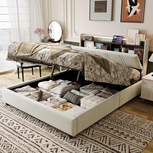 CJHXE Canapé Abatible 160x200 cm con Almacenaje Hidráulico, Cama Queen Size Tapizada con Luces LED, Puerto Type-C y Cabecero, Estructura de Cama con Somier de Láminas, Beige (Sin Colchón)