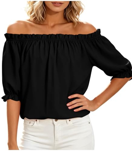 Haut Épaules Dénudées Top Col Bardot Blouse Femme Été T-Shirt Chic Fluide Tunique Manches Bouffantes Chemises À Volants Court Décontracté pour Vacances
