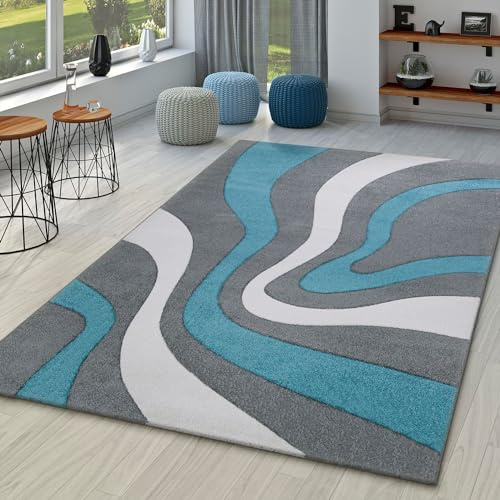 TT Home Tappeto Soggiorno Moderno Pelo Corto Effetto 3D Geometrico A Onde, Colore:Turchese, Dimensione:120x170 cm