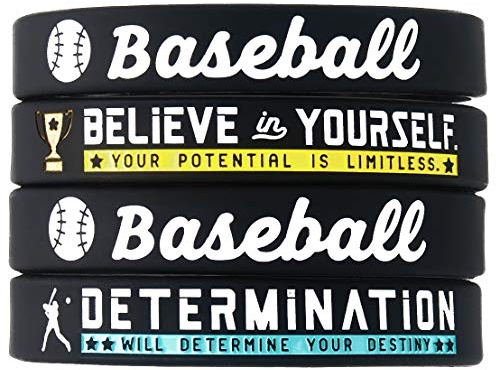 (4-Pack) Baseball Silicone Bracelets with Motivational Sports Quotes - Set of 4 Inspiring Silicone Rubber Wrist Bands - Unisex Baseball Gifts Jewelry Accessories for Men And Women