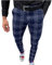 Männer Business Casual Hosen Plaid Flat-Front Skinny Dress Pants Schlanke Bleistifthose mit Taschen(S,Blau)