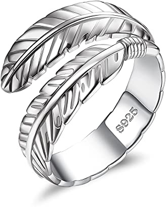 JeweBella Bague Femme en Argent Sterling 925 Bague Plume Réglable Bague Ouverte Feuilles Bague Fiançailles Mariage pour Femme Filles