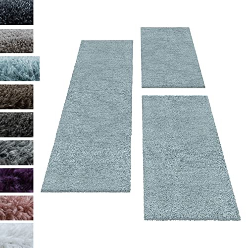 Carpettex Bettumrandung Schlafzimmer 3teilig Shaggy Teppich Hochflor Läuferset Design Blau Bettset:2 mal 60x110 + 1 mal 80x150 - Bettvorleger Schlafzimmer Flauschig Langflor Bettumrandung Teppich Set
